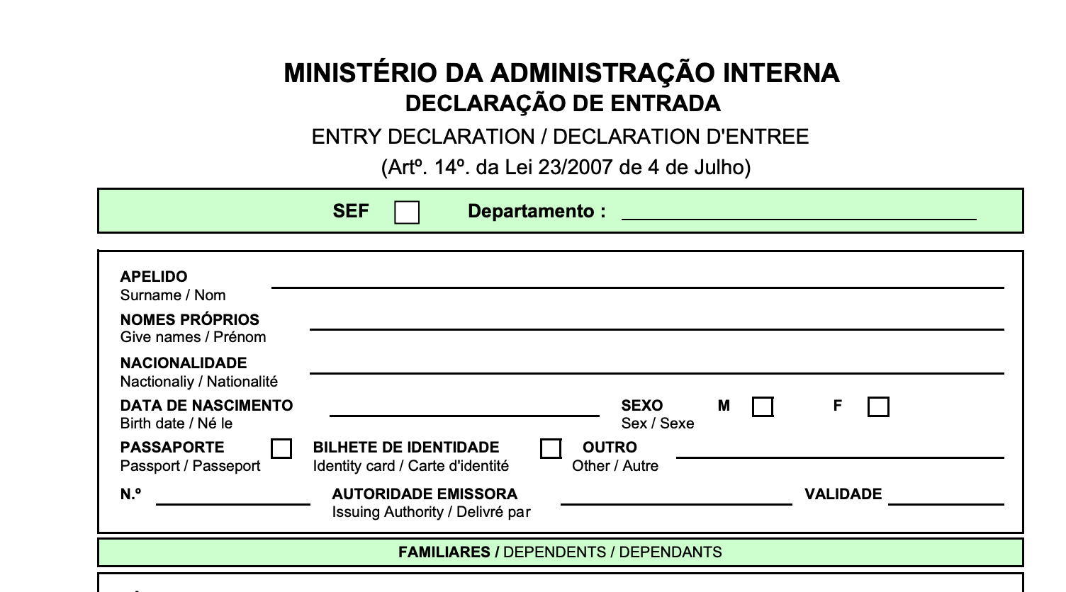Declaração de entrada em Portugal